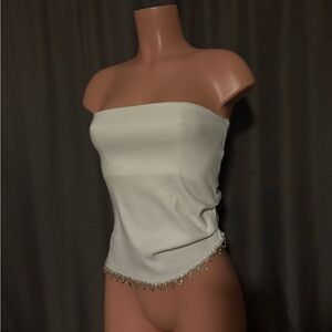 Zara White Strapless Satin Tube Top with Beaded Trim